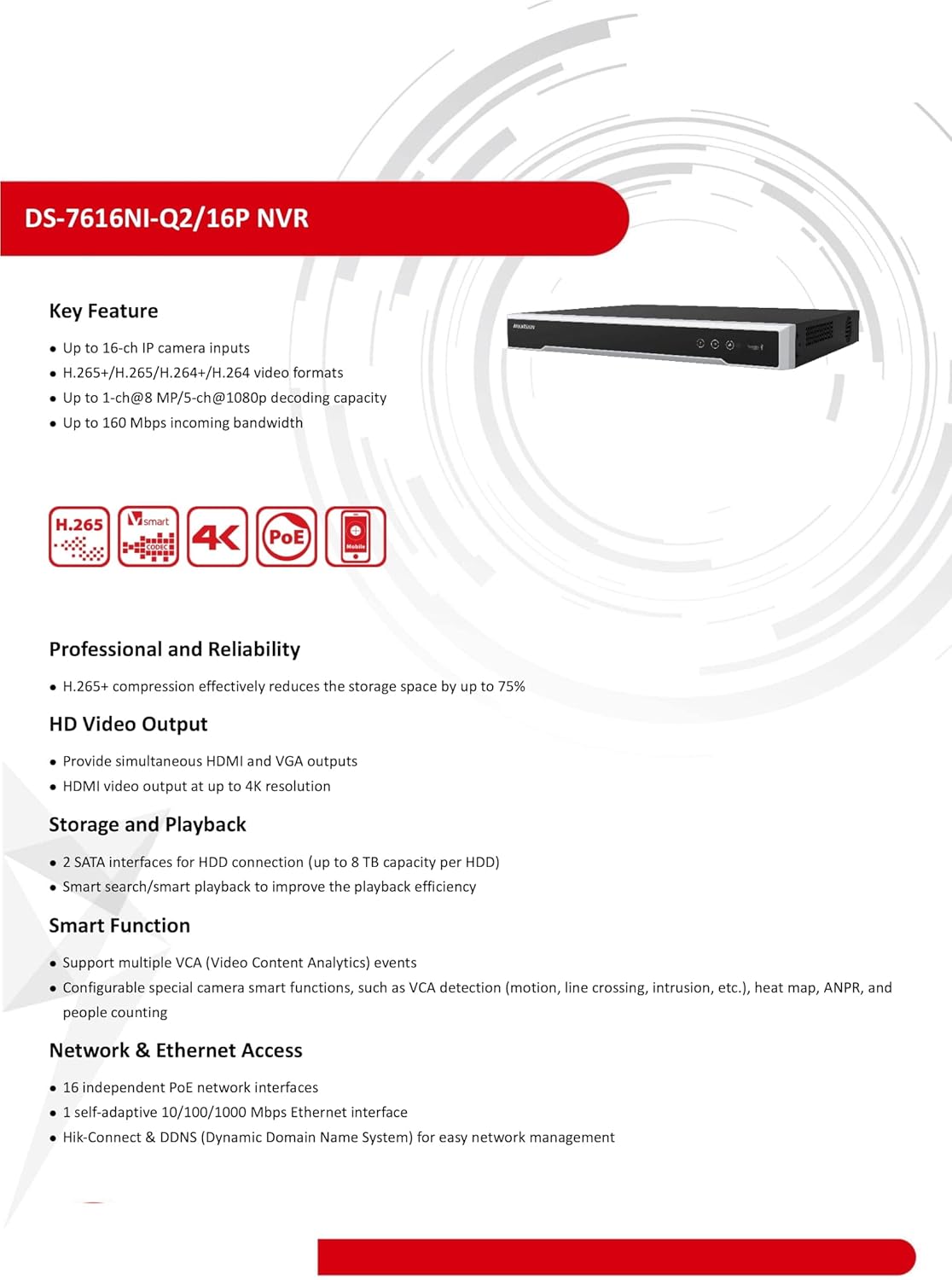 Hikvision 16-ch NVR, 2xHDD slot