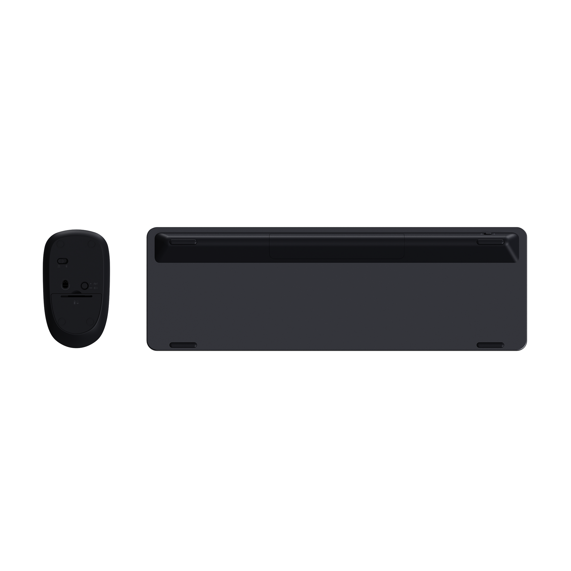 Black computer mouse and trackpad on a white background