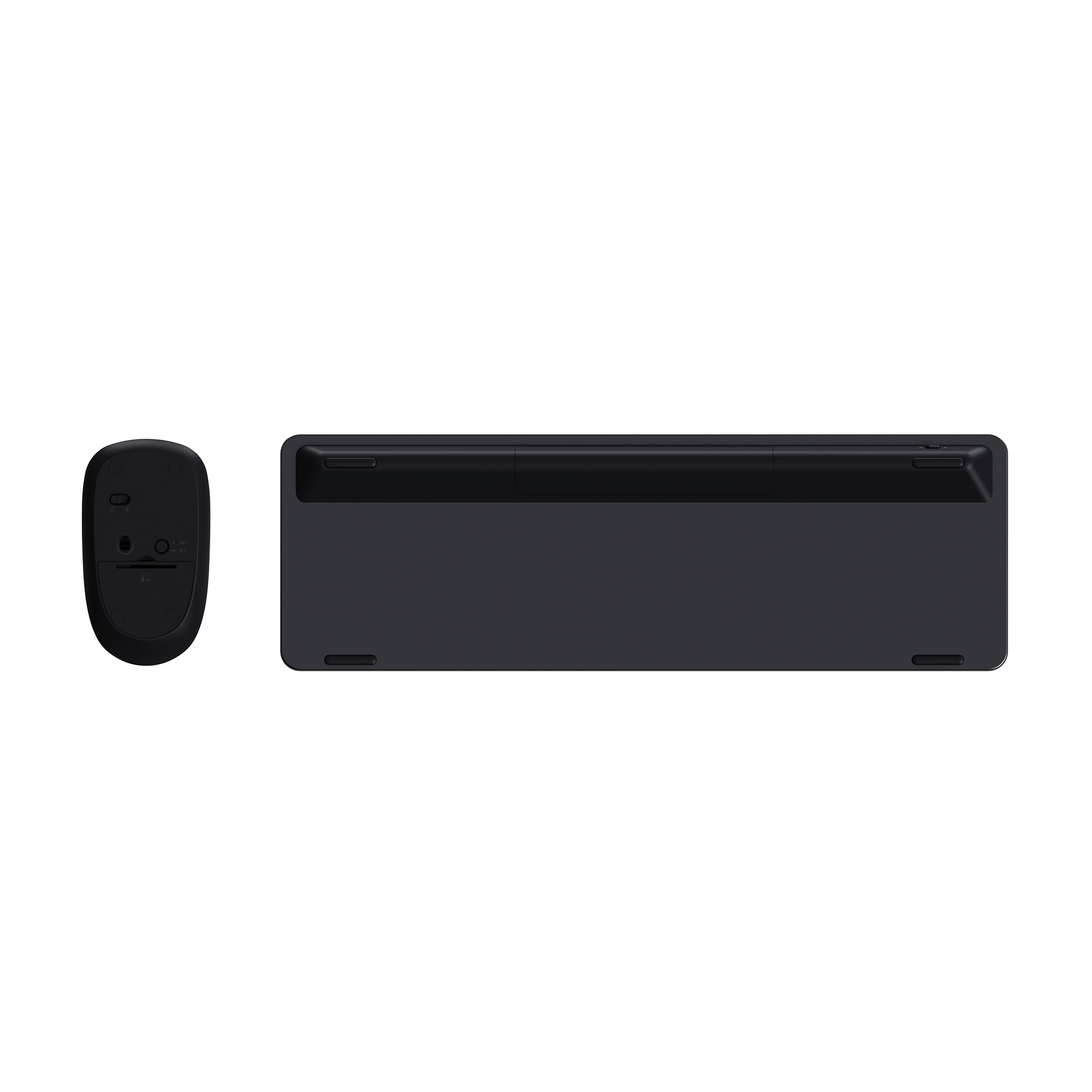 Black computer mouse and trackpad on a white background
