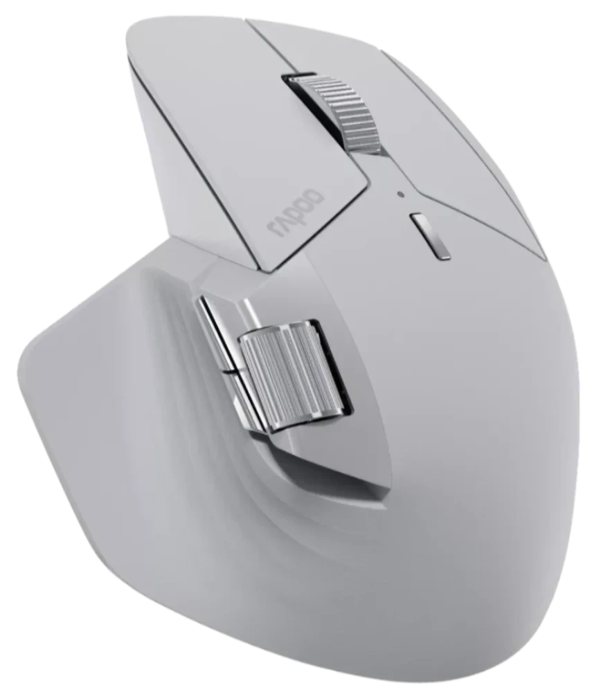 Gray electronic device with control knobs on a white background