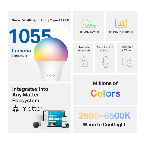 TP-Link Tapo Smart Light Bulb, Multicolor,Matter, 2 Year Warranty