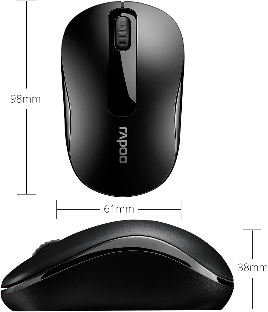Black computer mouse with dimensions labeled on a white background