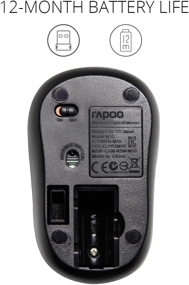 Back view of a Rapoo optical mouse with battery life text and icons.