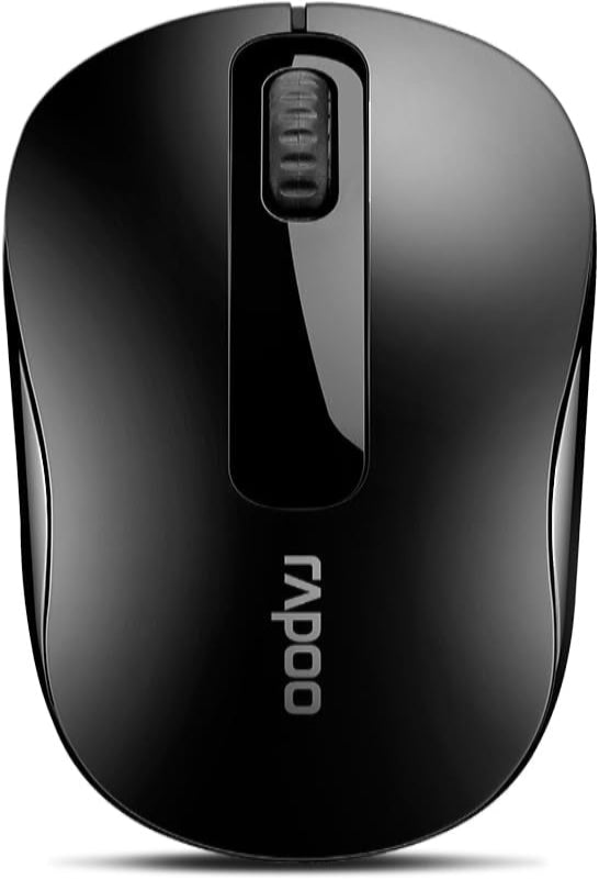 Black computer mouse with Rapoo logo on a white background