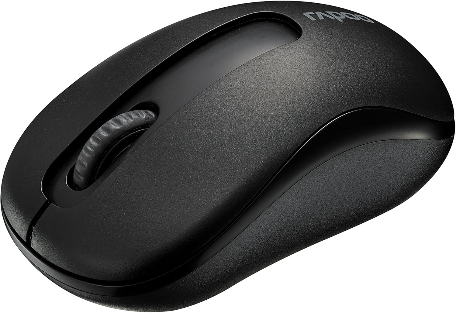 Black computer mouse with 'Rapoo' branding on a white background