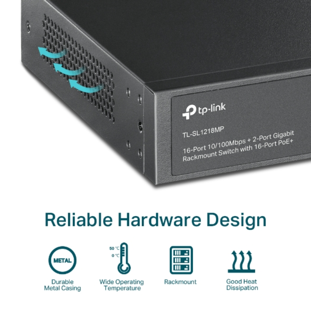 TP-link 16-Port 10/100Mbps + 2-Port Gigabit Switch, 16-Port PoE+, 2 Year Warranty