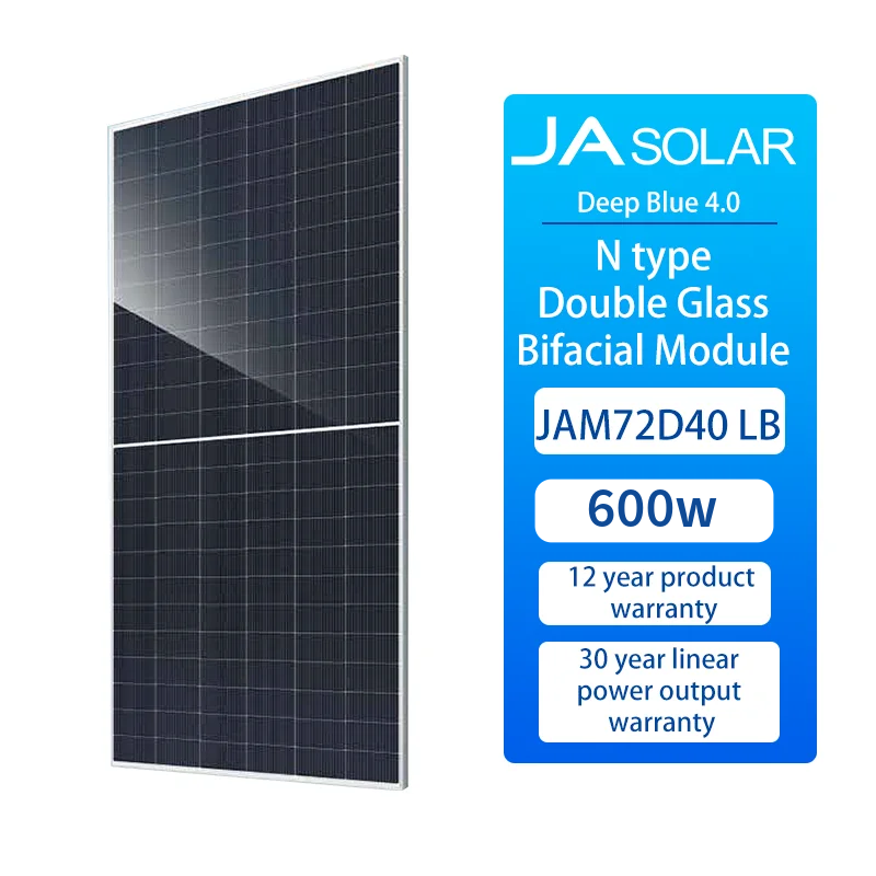 Solar panel with JA Solar branding and specifications on a white background